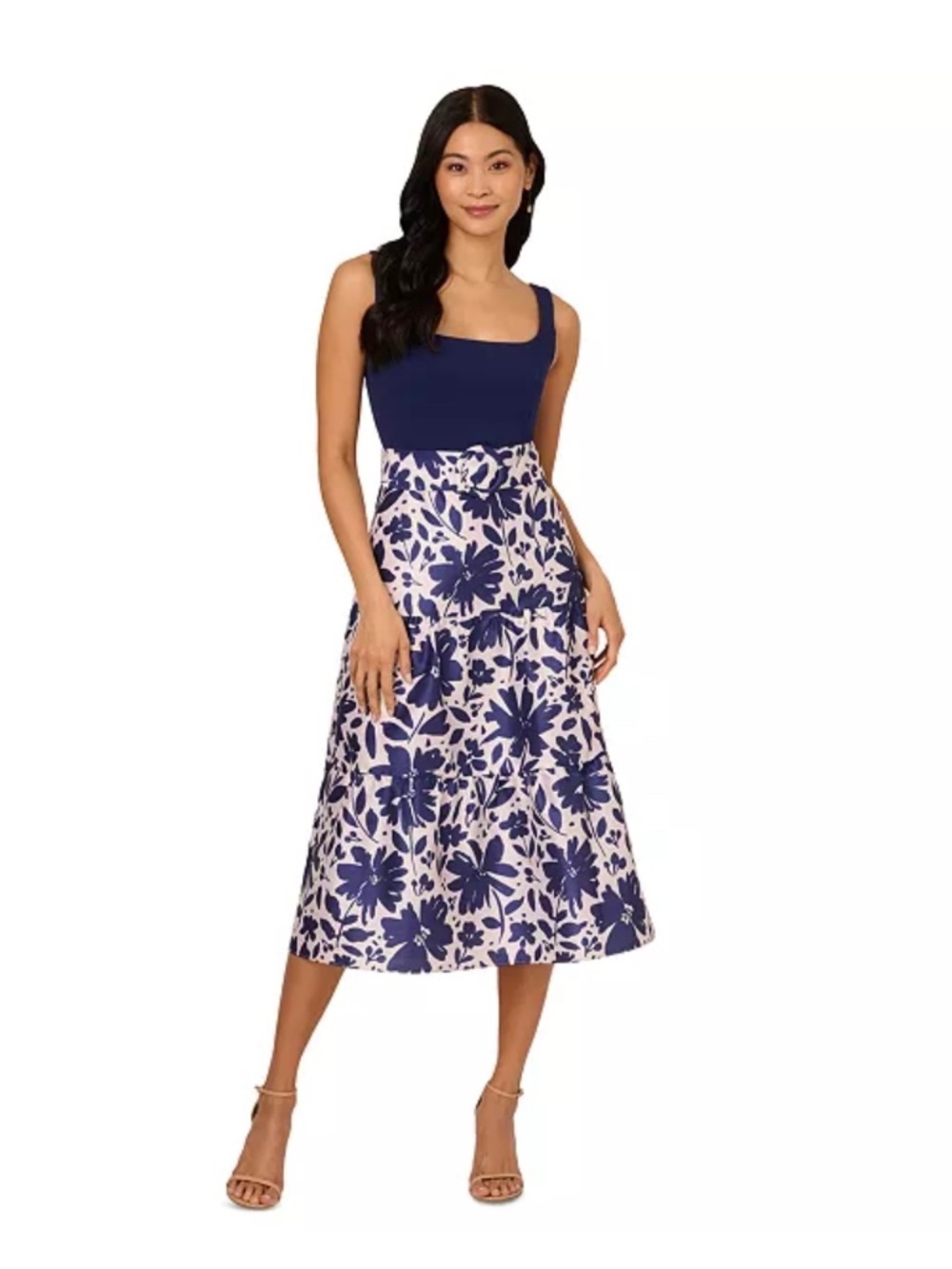 Adriana Papell Belted Square Neck Tiered Hem Midi A-Line Dress